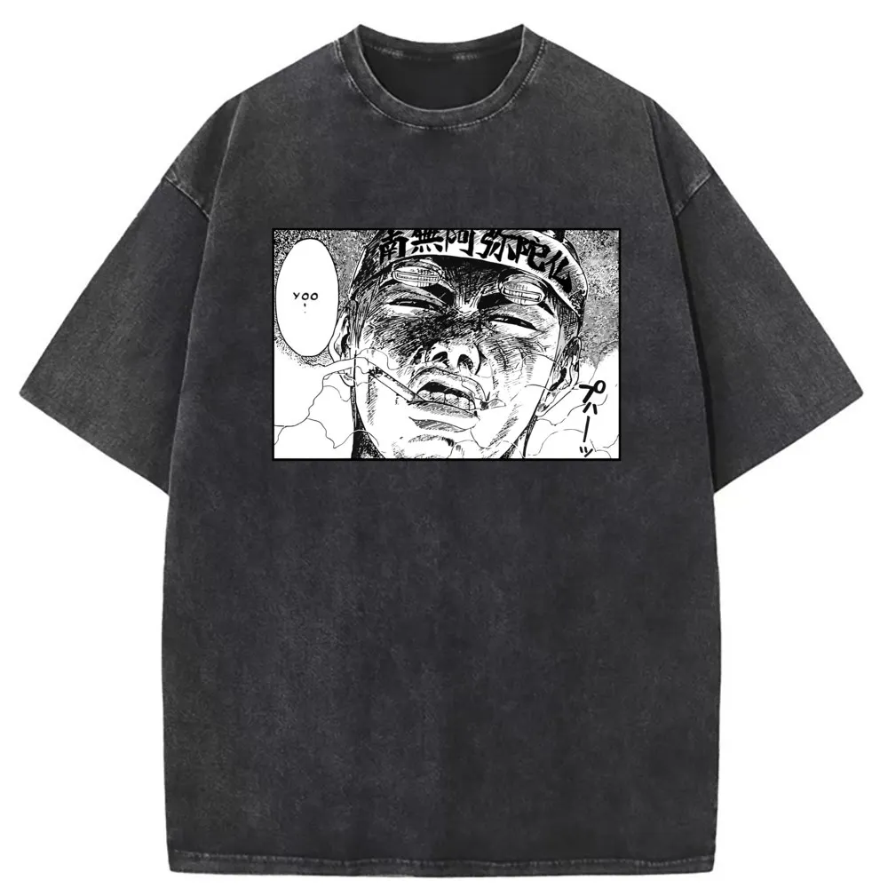 Japanese Comic Printed Long Sleeve Tee Shirts For Men Unisex Manga Graphic Washed Cotton  Sweatshirts Retro England Style Tshirt