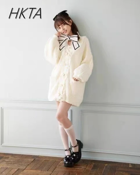 

Japanese Sweet Mass-Produced Bow Pearl Beads Long Cardigan Knitwear Sweater Winter New V-neck Single Breasted Loose Sweater Coat