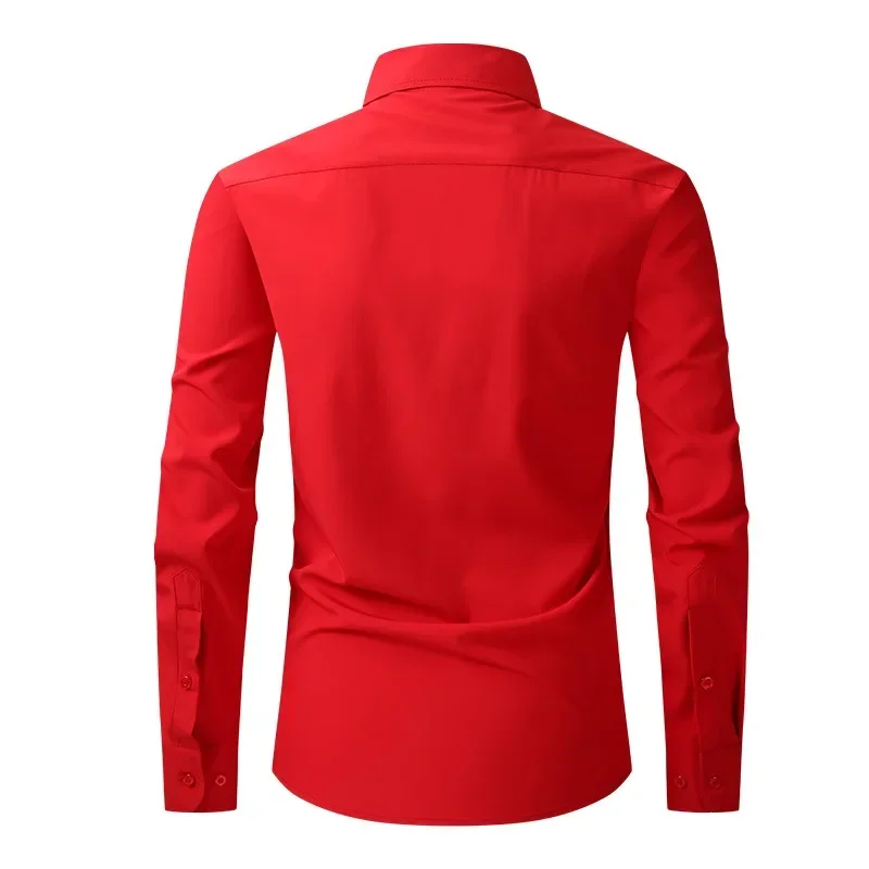 2026 Men's Red Long-sleeved Shirt, Single-breasted Square Collar Small Elastic Shirts, Suitable for Wedding/Business/Office