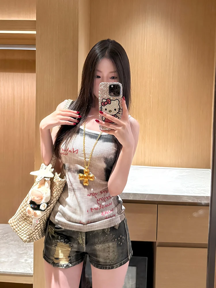 Amerikaanse retro print ter tanktop dames zomer afslankende sexy bovenkleding katoenmix elastische vezelstof