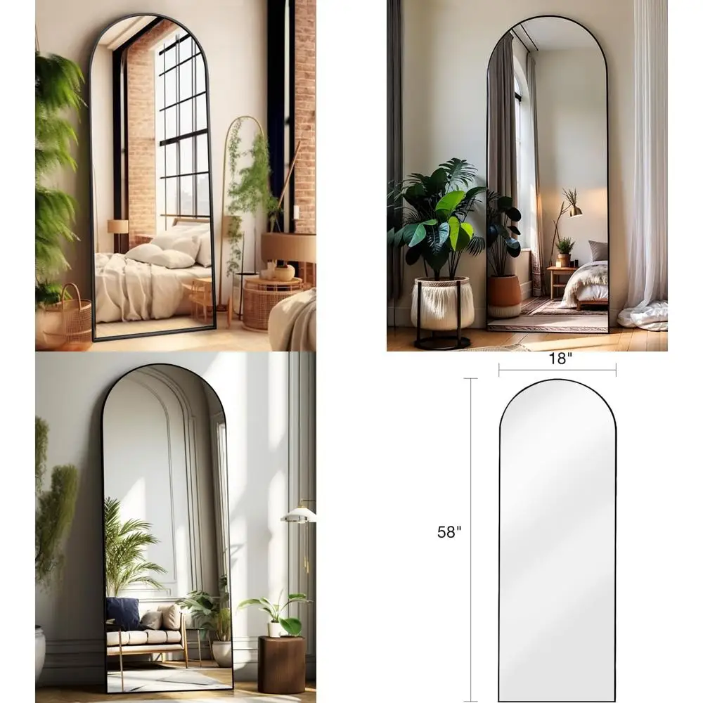 Espejo de piso negro arqueado de longitud completa: diseño de arco elegante independiente para dormitorios, salas de estar, vestidores