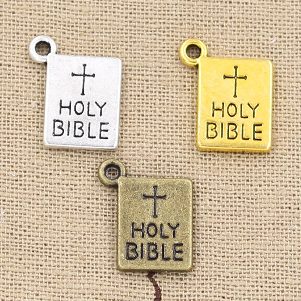 15pcs Charms Book Holy Bible 17x14mm Antique Bronze Silver Color Pendants Making DIY Handmade Tibetan Bronze Jewelry