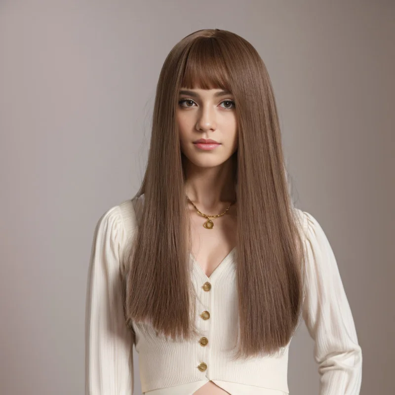 ミャオ族少女小羅ウィッグ-女性用-ロングヘアフルウィッグ-ナチュラルブラック-デイリーロングストレートヘア-エアバングス-フルヘッドマットシ