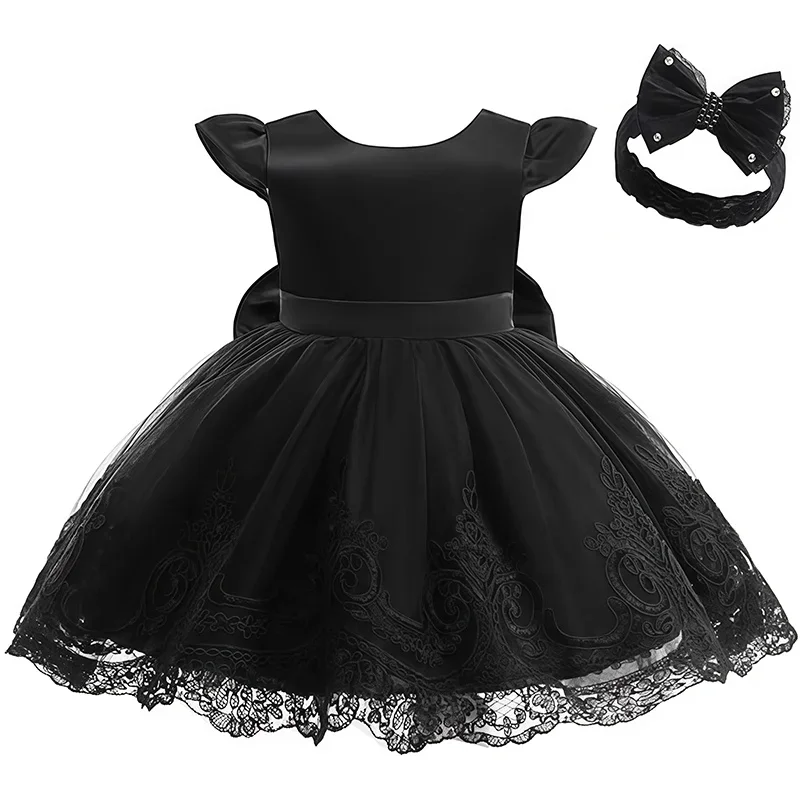 Baby Girl Lace Princess Dress Bowknot Summer Dresses for 1st Birthday Evening Gown Children Short Sleeve Black Costume 3-24M