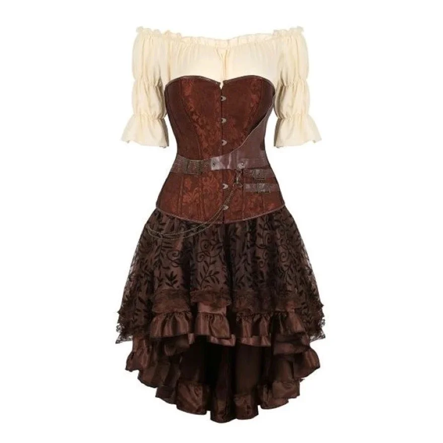 Steampunk Gothic Faux หนังรัดตัวเซ็กซี่ Bustier Top ไม่สมมาตรกระโปรงลูกไม้ดอกไม้ Renaissance เสื้อโจรสลัดชุดคอสเพลย์