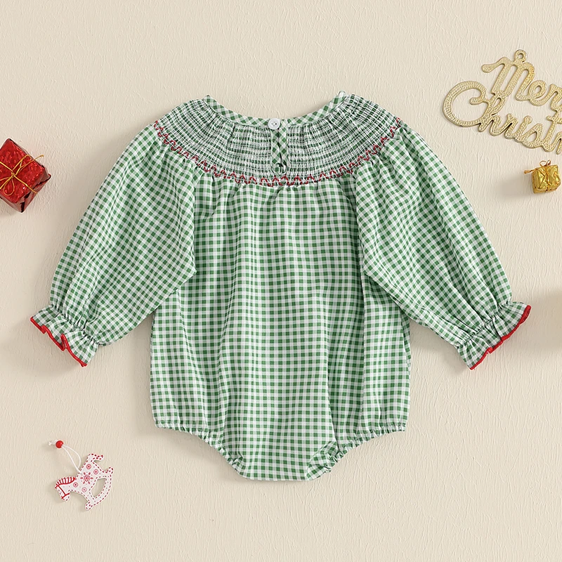 Suefunskry Baby Girl Christmas Romper Classic Long Sleeve Plaid Print Smocked Bodysuit Newborn Playsuit 0-3Years