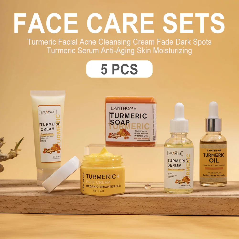 Kit de soins pour le visage, Turmeric, crème nettoyante contre l\'acné, estompe les taches foncées, sérum Anti-âge, hydratant pour la peau, 5 pièces