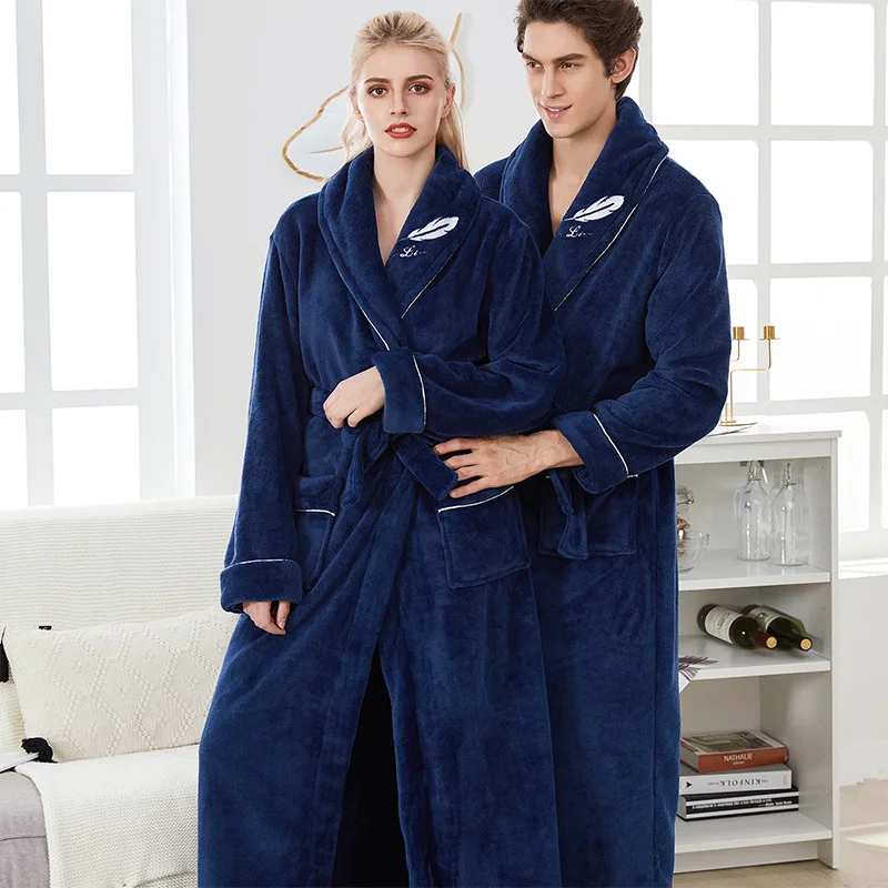 

Thick Warm Couple Bathrobe Fleece Winter Long Sleeve Women's Dressing Gown Solid Fleece Fluffy Pockets Kimono With Sashes Female