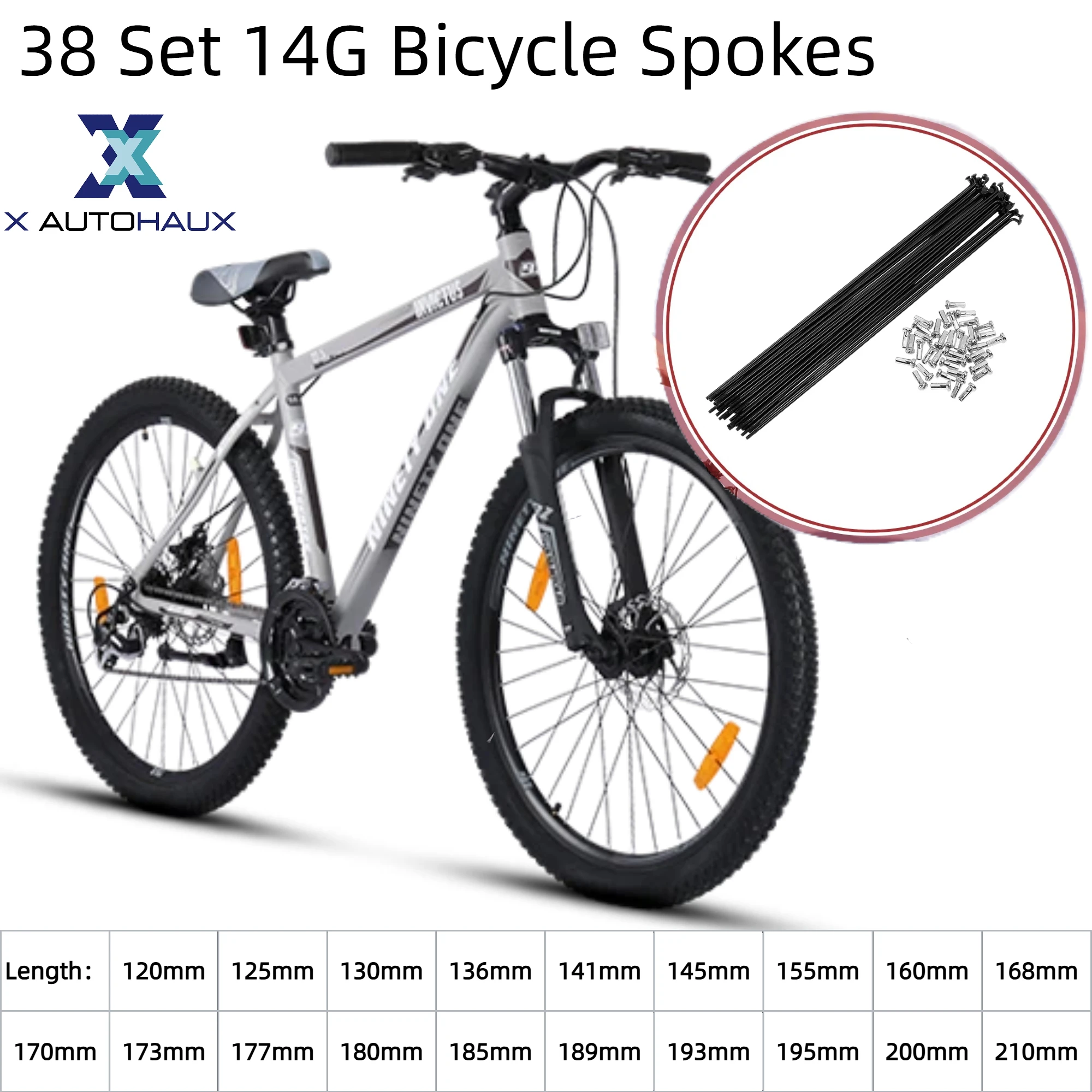 

X Autohaux 38 Set 14G Bicycle Spokes 130mm 136mm 141mm 145mm 155mm 160mm 168mm 170mm 173mm 180mm 185mm 189mm 193mm Carbon Steel