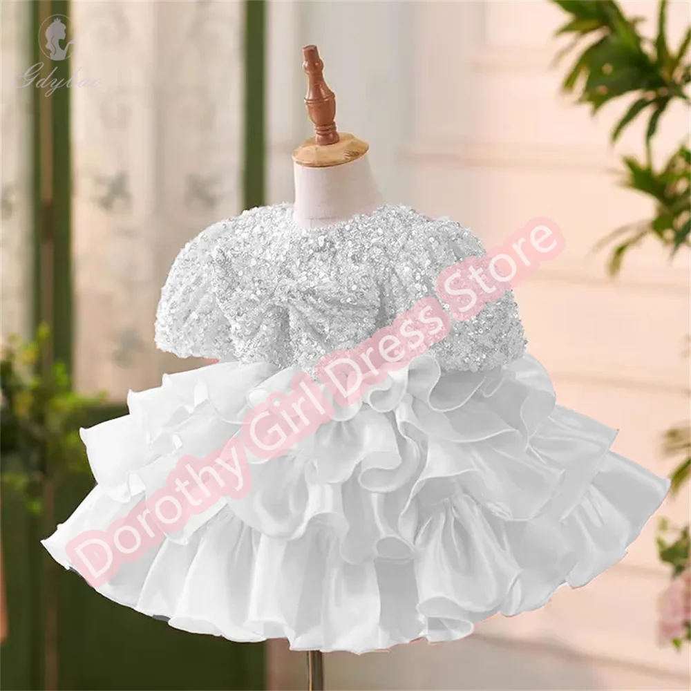 

White Sequin Beading Bow Flower Girl Dress Puffy Sleeve Princess Toddler Wedding Birthday Pageant Party Communion Gown
