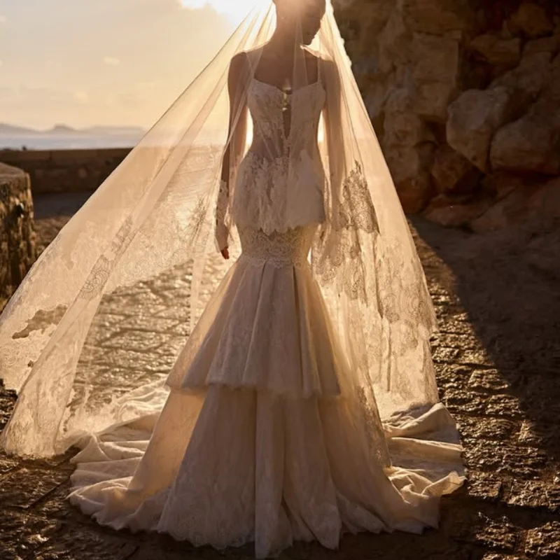 Ivory White Appliques Wedding Dresses off-shoulder fishtail Lace layering decal Long tail Bridal Gowns Made Customized