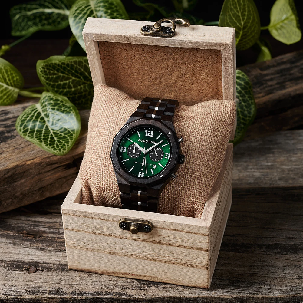 BOBO BIRD Men\'s Luxury Wood Watch Luminous Timepieces Chronograph Date Display Quartz Wristwatches Gifts For Men Custom