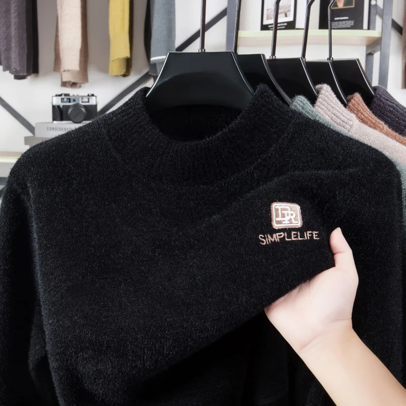 Men's Autumn Winter Long Sleeves Knit Sweater Round Neck Mink Fleece Embroidery Fleece-Lined Pullover Trend Leisure Fashion Tops