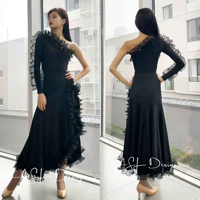 

Single Sleeve Ballroom Dance Clothes Black Tops Skirt Adult Waltz Dance Costume Prom Club Dance Dress Competition Dress BL14419