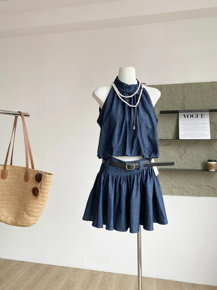 

Summer New French Style Sweet Cool Spicy Girl Style Design Sense Flip Collar Tank Top+Reduced Age High Waist Short Skirt Set