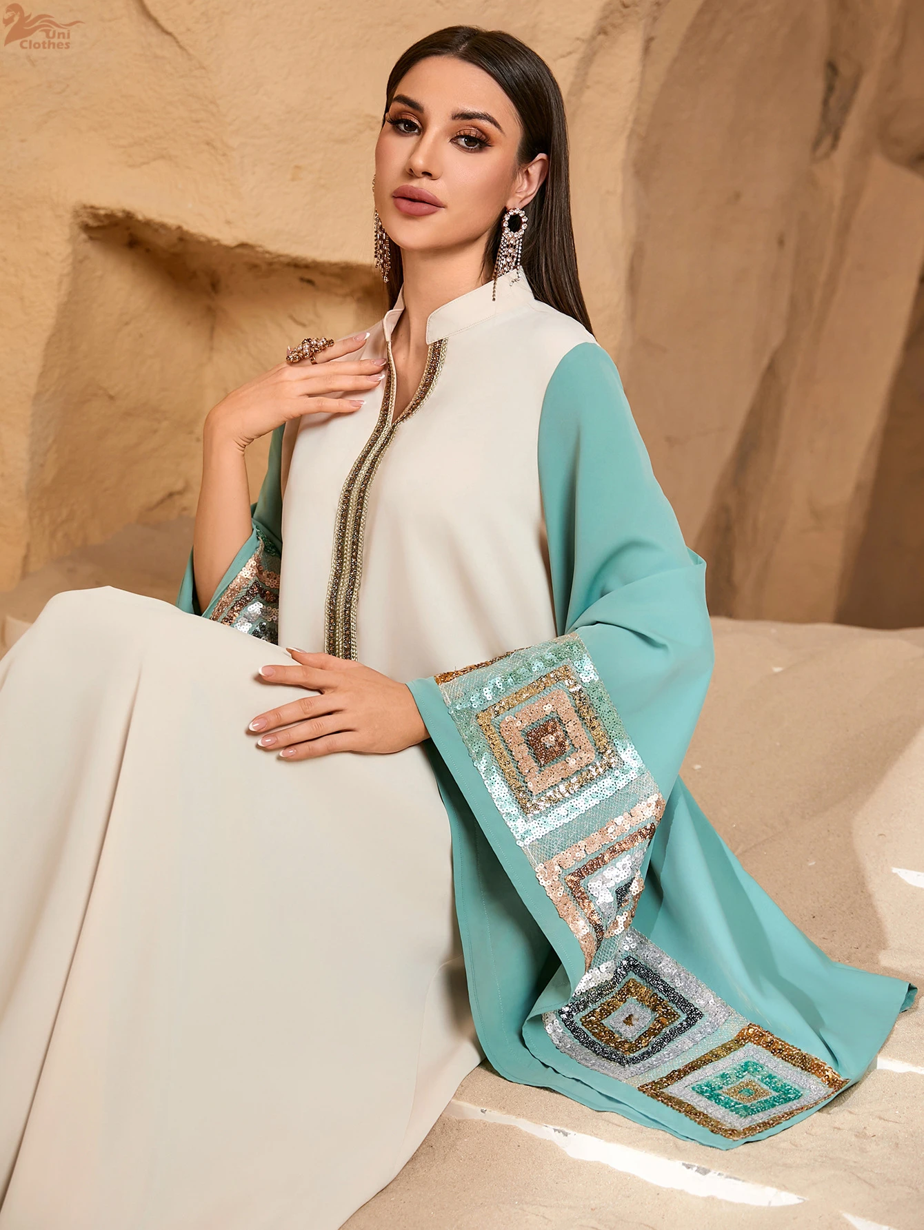 

Uni Ramadan Dubai Sequins Patchwork Batwing Sleeve Maxi Dress For Women Moroccan Gala Elegant Loose Abayas