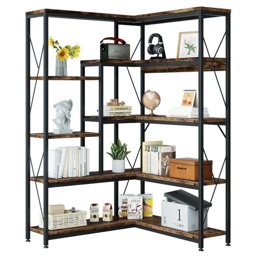 5 Tiers Corner Bookshelf, 70.86 Tall LShaped Bookcase, Large Corner Etagere Bookcase, Corner Shelf Display Storage Rack with Met
