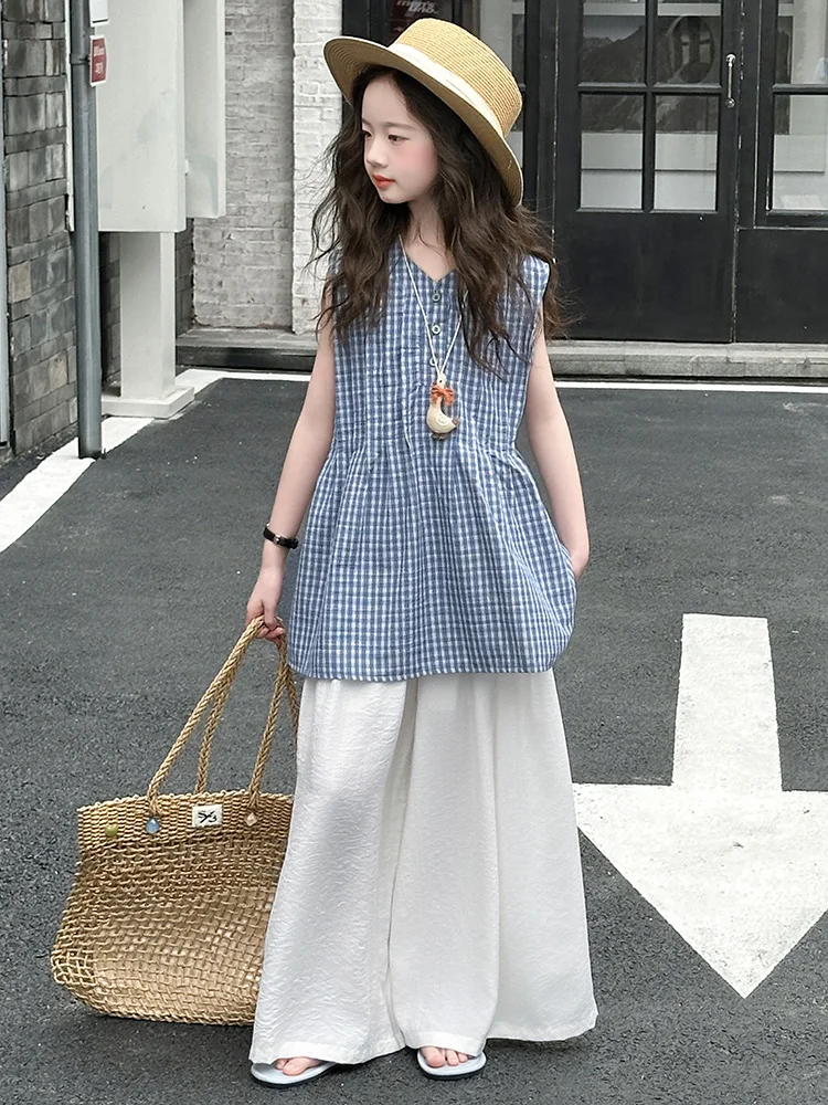 

Girls Summer Casual Thin Svel Two-Piece Set Cotton round Ne ort Sve Long Pants Faionable Child Clothing Ensemble