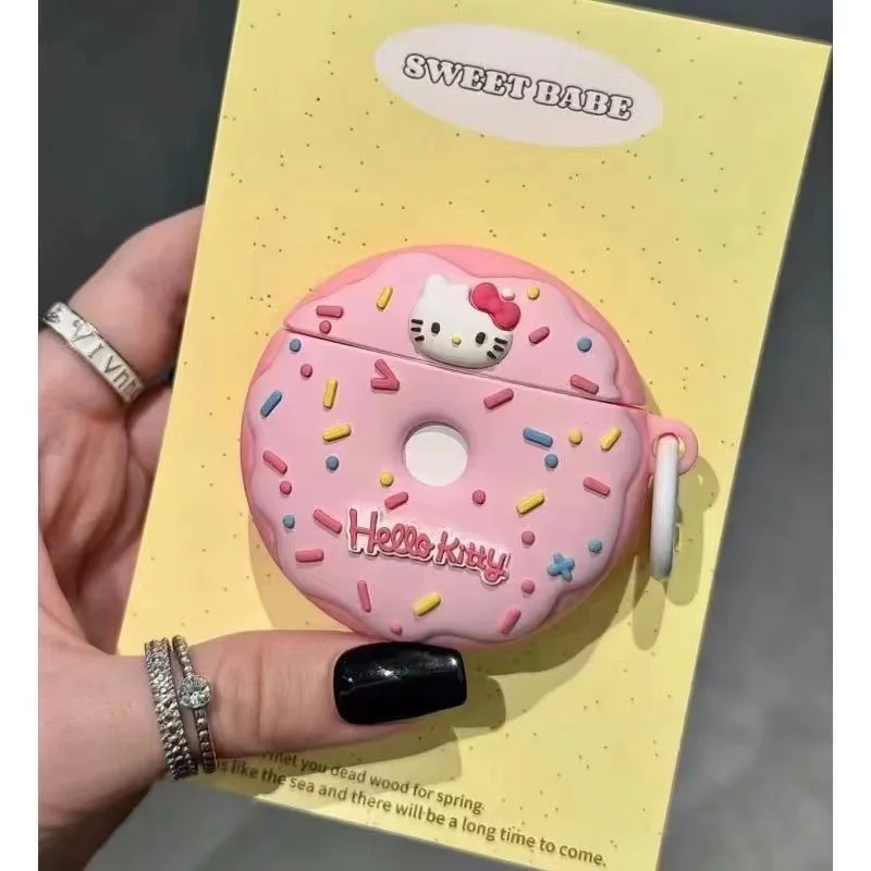 Cute Pink Hello KT Cat Donut Headphone Protective Case for AirPods 4 3 2 1 Pro Pro2 Silicone Anti Drop Sleeve