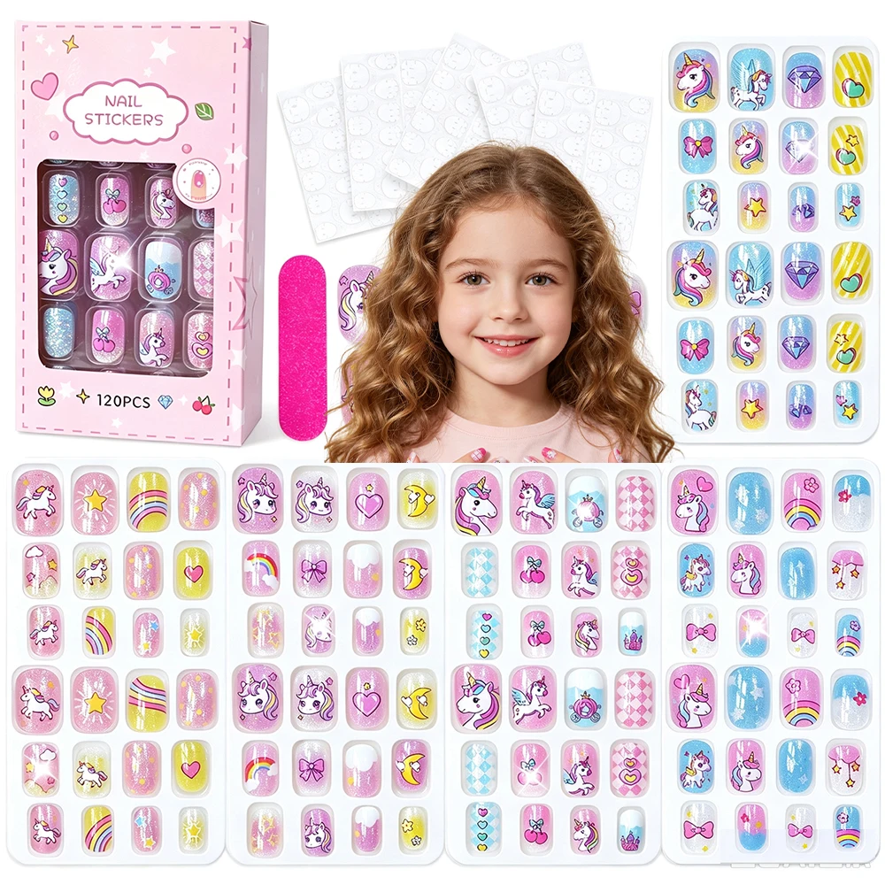 120 Stück Cartoon-Mädchen Kinder Aufklebenägel Regenbogen Pferd Stern Schleife Herz 6-14 Jahre Kunstnägel Kinder Acryl Vollabdeckung Falsche Nägel