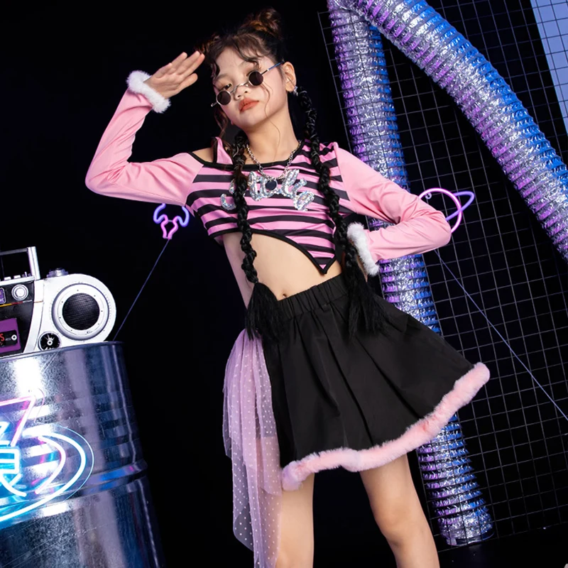 Kpop Clothing Girls Jazz Dance Clothes Stripe Tops Plush Skirt Cheerleading Uniform Concert Performance Stage Costume DL11244