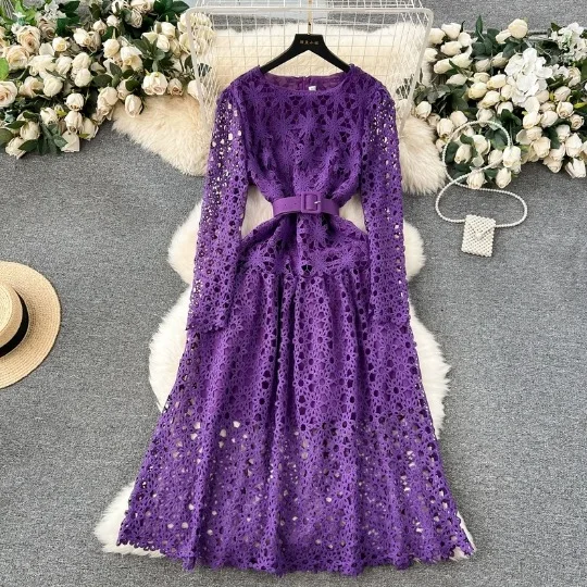 2024 High End Lace Elegance Spring New Long Sleeved Waist Slimming Hollow Fit Mid Length Dress  Maxi Dresses for Women