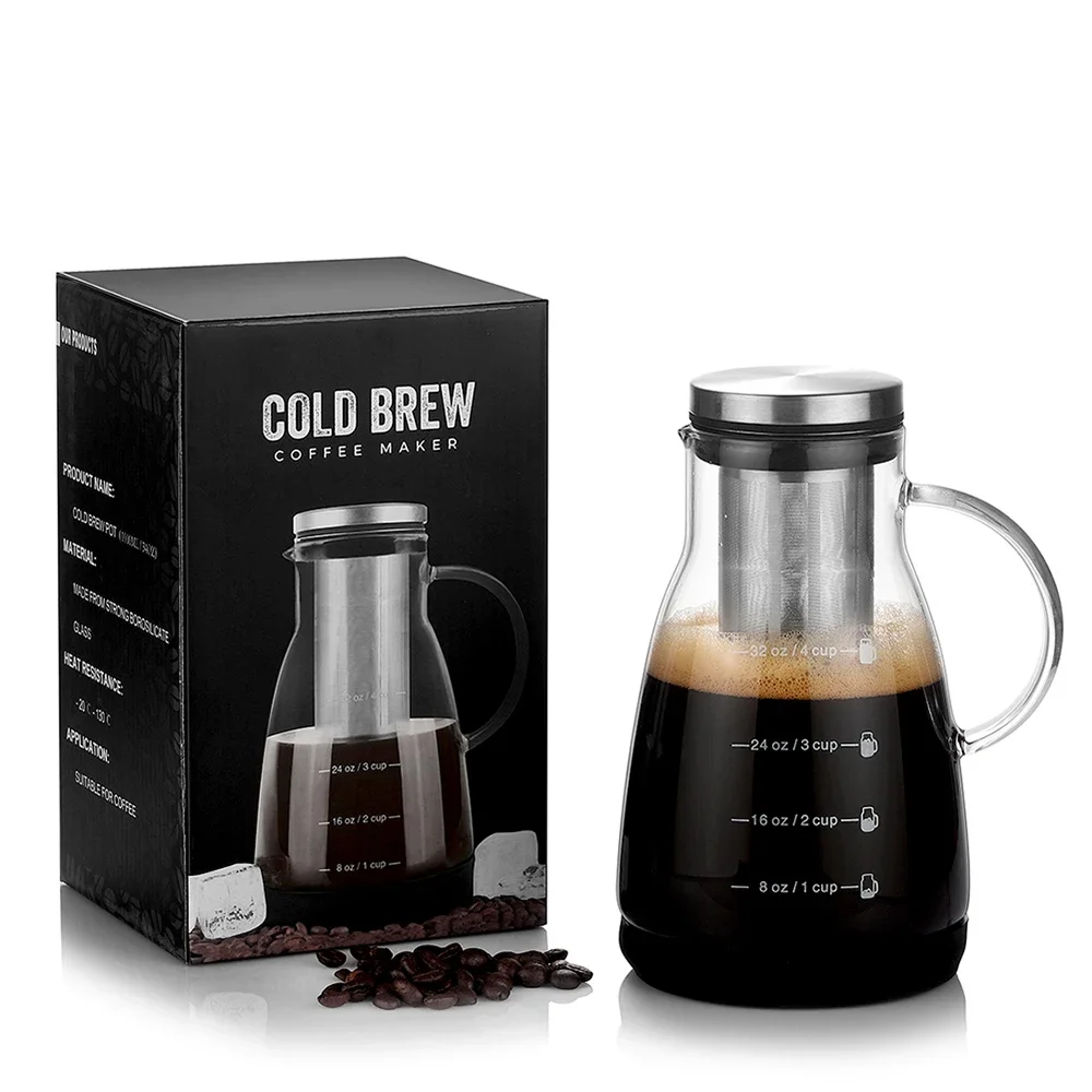 

Cold Brew Pot 960ML Stainless Steel Filter Immersion Cold Brewed Coffee Heat Resistant Glass Pour Over Coffee Pot High Capacity