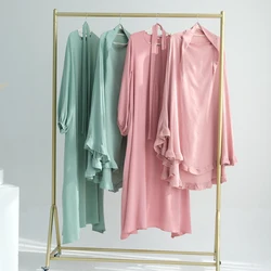 Sweet Regular-Fit Ramadan Muslim Women Abaya Khimar Set-Ruffles Khimar Headscarf, Zip Front Side Pocket Puff Sleeves Abaya Dress