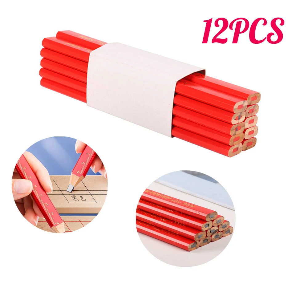 

12PCS Elliptical Woodworking Pencils With Scale Flat Mark Pencils Black/Red Thick Core Hand Tool DIY Accessories