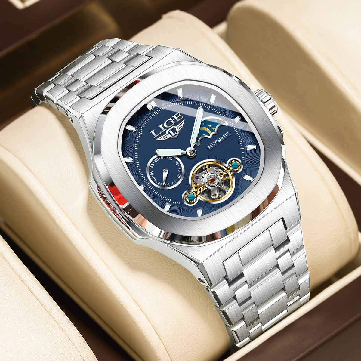 LIGE Dual Seconds Tourbillon Watch 24 Hour Mechanical Watch Men Stainless Steel Authentic Watch Night Glow Waterproof Mens Watch