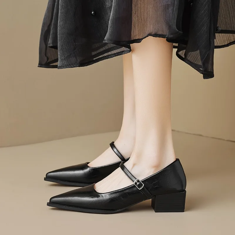 

2026 New Heels Women Mary Jane Shoes Elegant Pointed Toe Shallow Heels Office Lady Leather Shoes Black Silver Square Heel Pumps