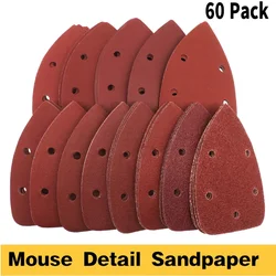 60Pcs 140*98MM 5 Holes Mouse Detail Sandpaper Sanding Disc Assorted 40/60/ 80/100/ 120/180/ 240/320/ 400/800 Grit Hook Loop