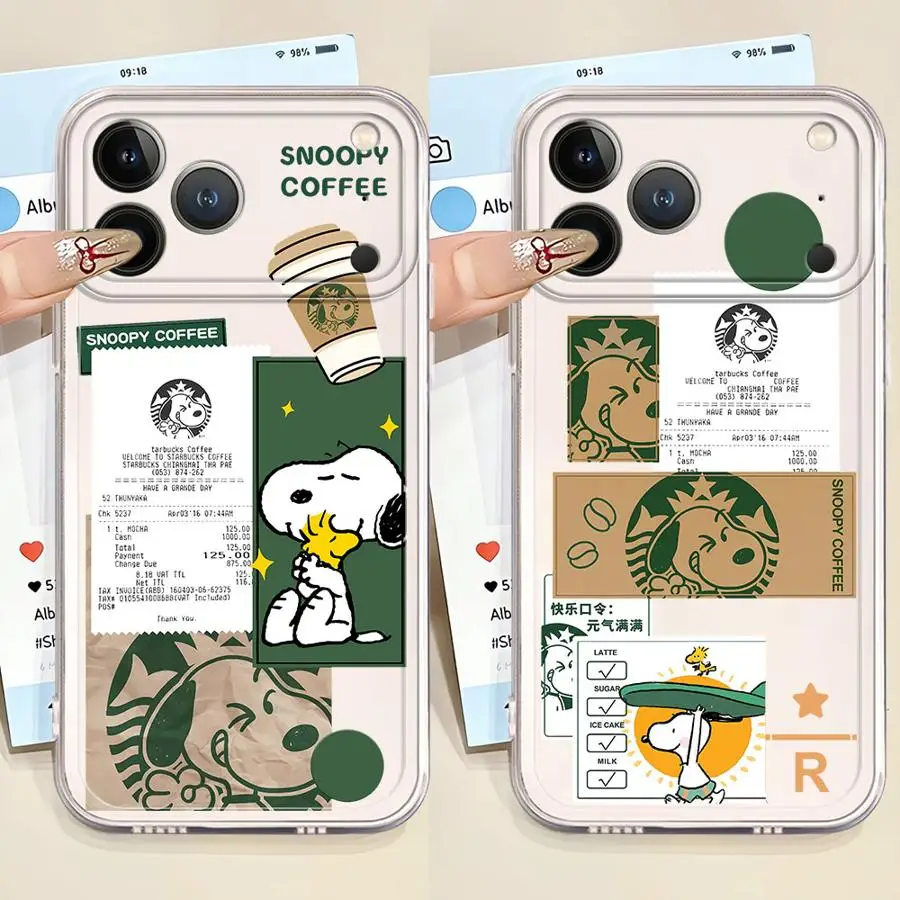 Clear Soft Case for Apple iPhone 15 14 16 Plus XS 17 Air 13 12 11 Pro Max XR 7 8 SE 16e Cute Cartoon S-Snoopy Coffee