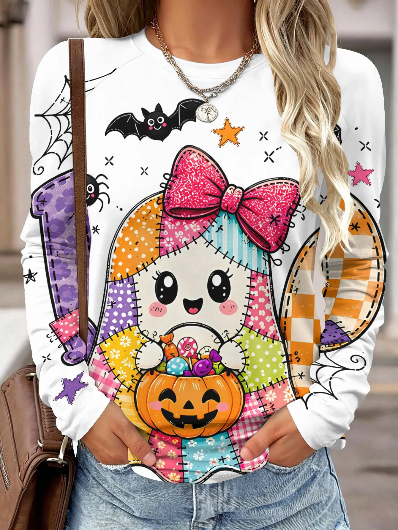 Women Long Sleeve Shirt Halloween Mummy Pumpkin Graphic Print Round Neck Raglan Casual Fall Tops Women's Clothes