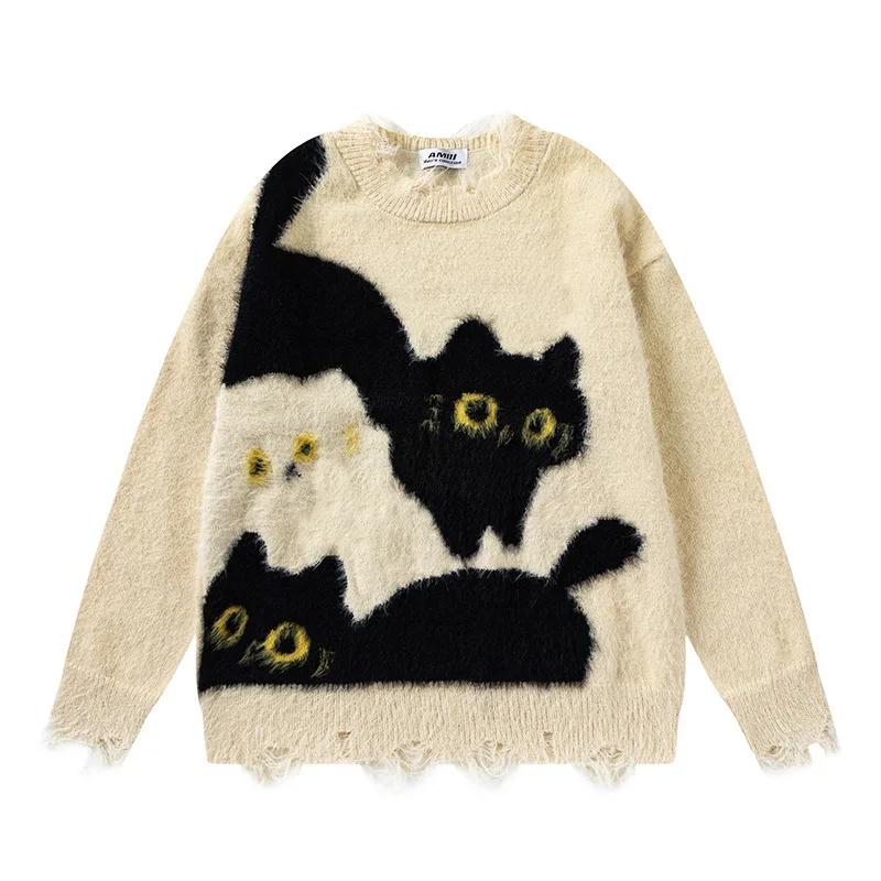 Unisex Knitting Sweater 2025 Spring Autumn New Retro Cat Print Sweater Preppy Cute Unisex Loose Casual Versatile Knit Top