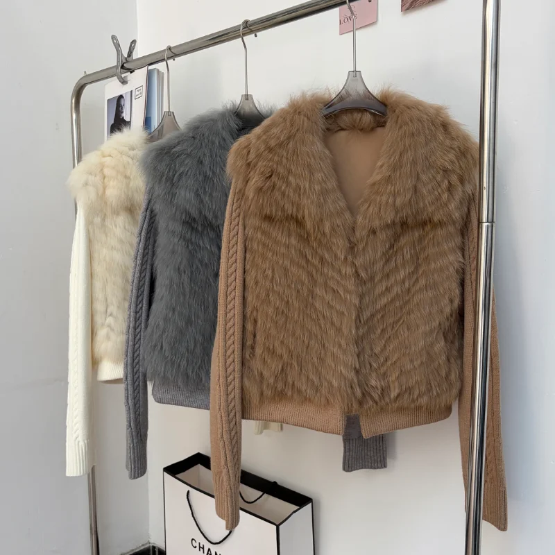 QIXHFUR Fur Coat Women's Lady Real Fox Fur Coat Woman Solid Real Fur Winter Coat Female Clothing Knitted Sleeves Fur Jacket