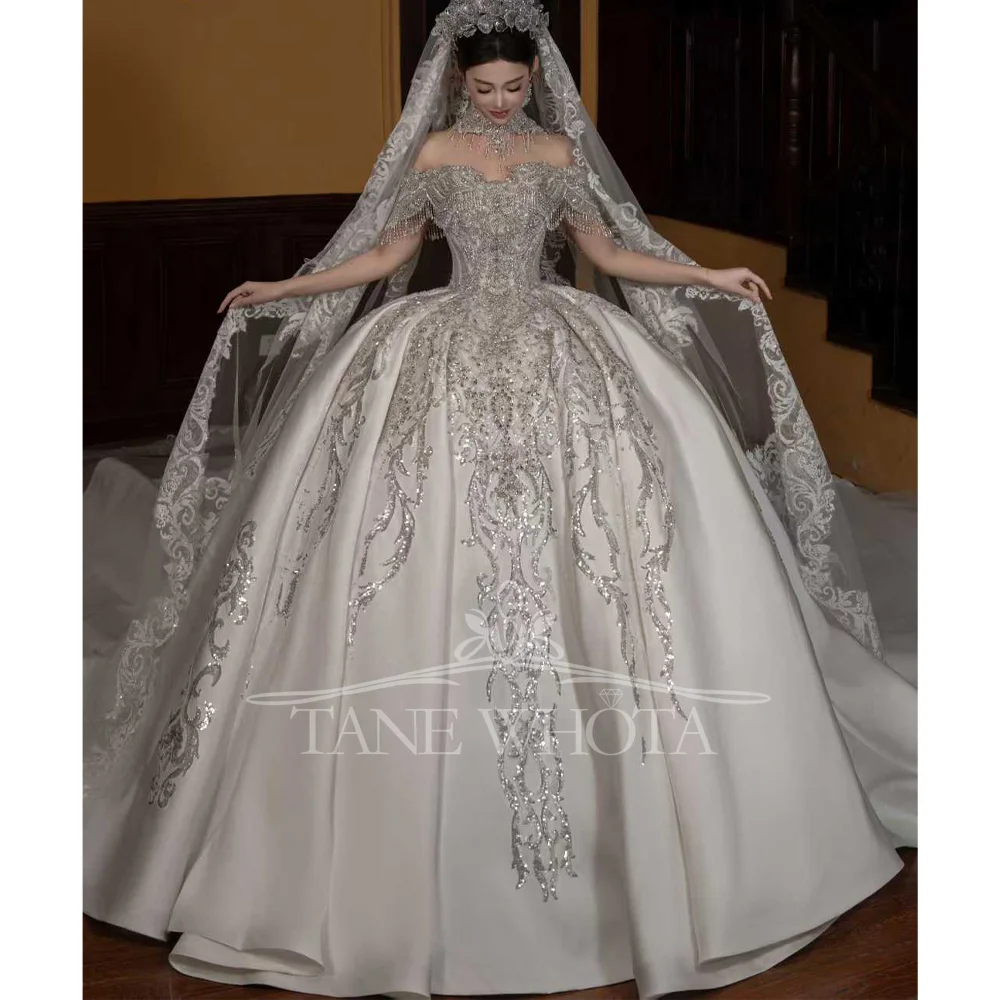 Customized Sweetheart Off-Shoulder Beaded Sequined Ball Gown Wedding Dress Elegant Floor-Length Bridal Gown