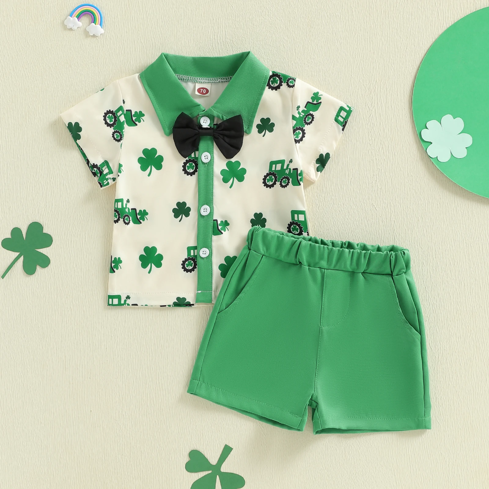Little Boy Irish Outfit Shamrock Print Short Sleeve Bowtie Shirt Solid Elastic Waist Shorts 2 Piece St. Patrick's Day Costume