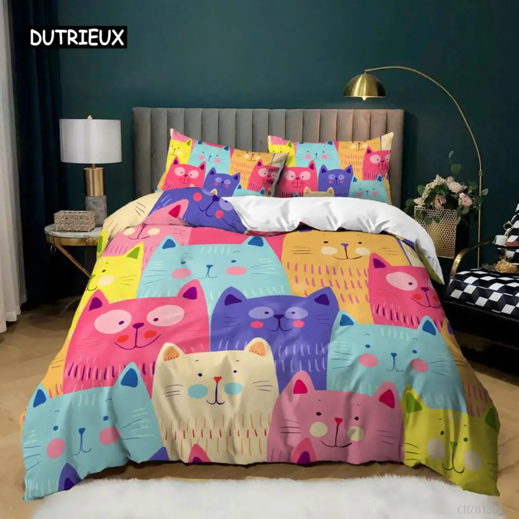 

Animal Duvet Cover Set Cartoon Kittens Funny Smiling Doodle Humorous Twin Bedding Set Boy Girls Queen King Polyester Quilt Cover