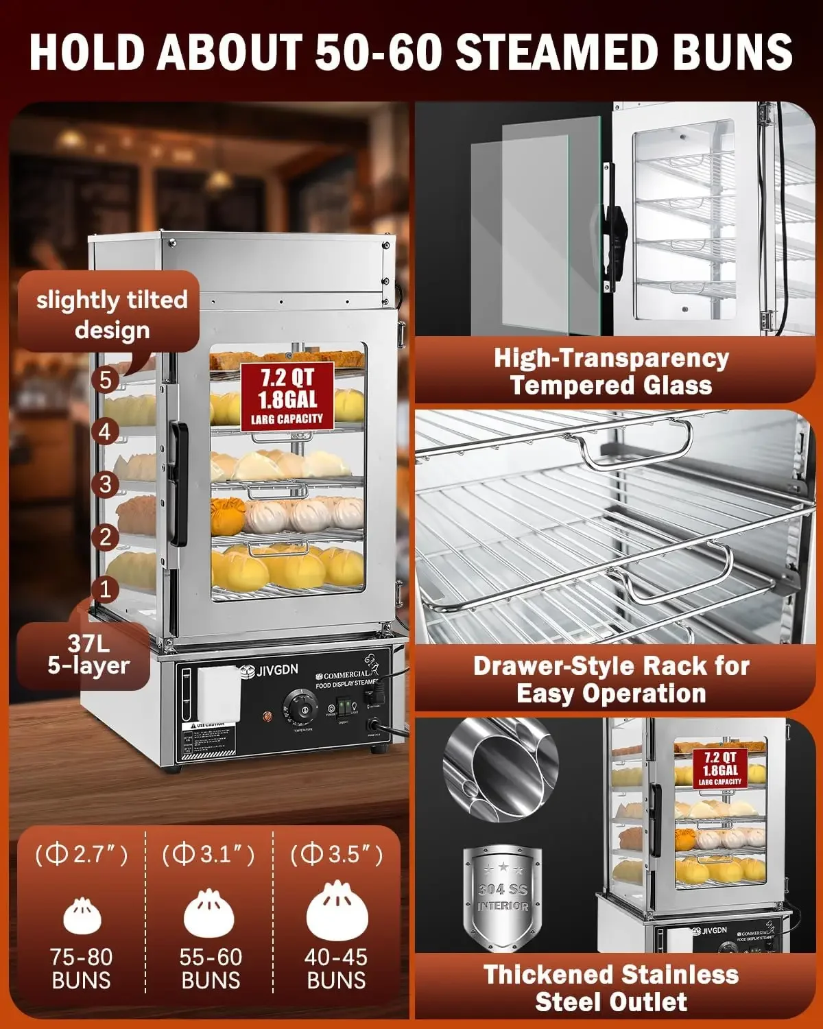 عرض باخرة الطعام التجارية - جهاز بخار كهربائي لـ Bao Buns Dumpling Hot Dog، سطح طعام تجاري من الفولاذ المقاوم للصدأ