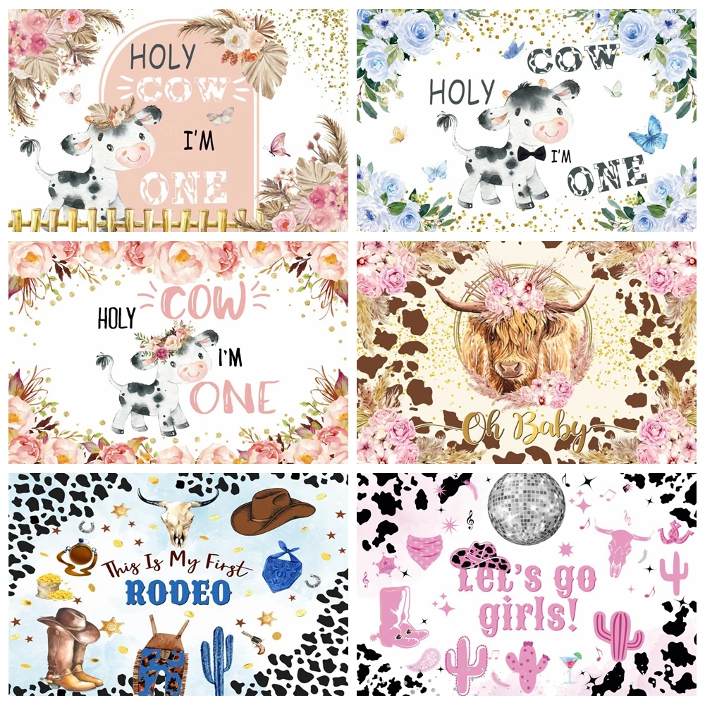 

Holy Cow Baby Shower Backdrop Cartoon Farm Cow Cowboy My First Rodeo Kids 1st Birthday Photography Background Photo Studio Props