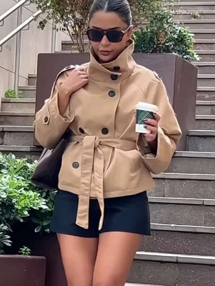 

HH женский новый модный однотонный двубортный плащ с карманами на шнуровке и длинными рукавами, женское осеннее повседневное уличное короткое пальто