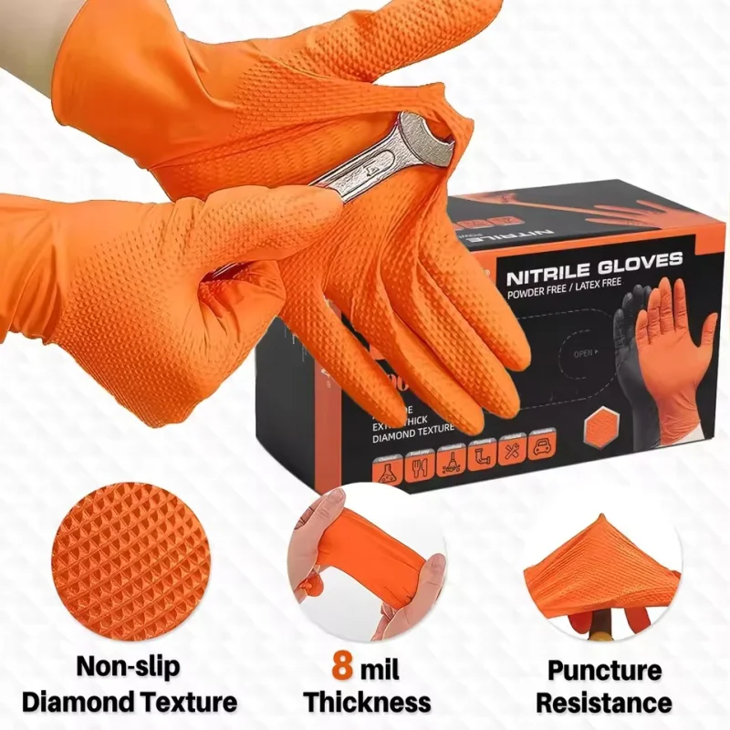 50PCS Heavy Duty Orange Industrial Nitrile Gloves Disposable 8mil Raised Diamond Texture Gloves Mechanic Tattoo Safety Gloves