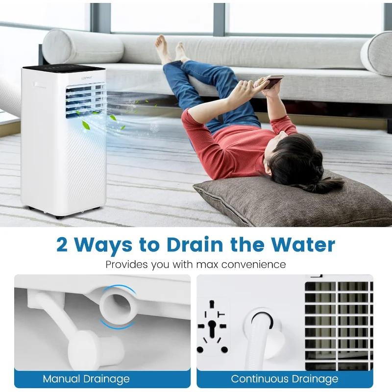مكيف هواء محمول من COSTWAY، وحدة تيار متردد 10000 وحدة حرارية بريطانية مع مروحة باردة ومزيل رطوبة ووضع للنوم للغرف حتى 350 قدم مربع