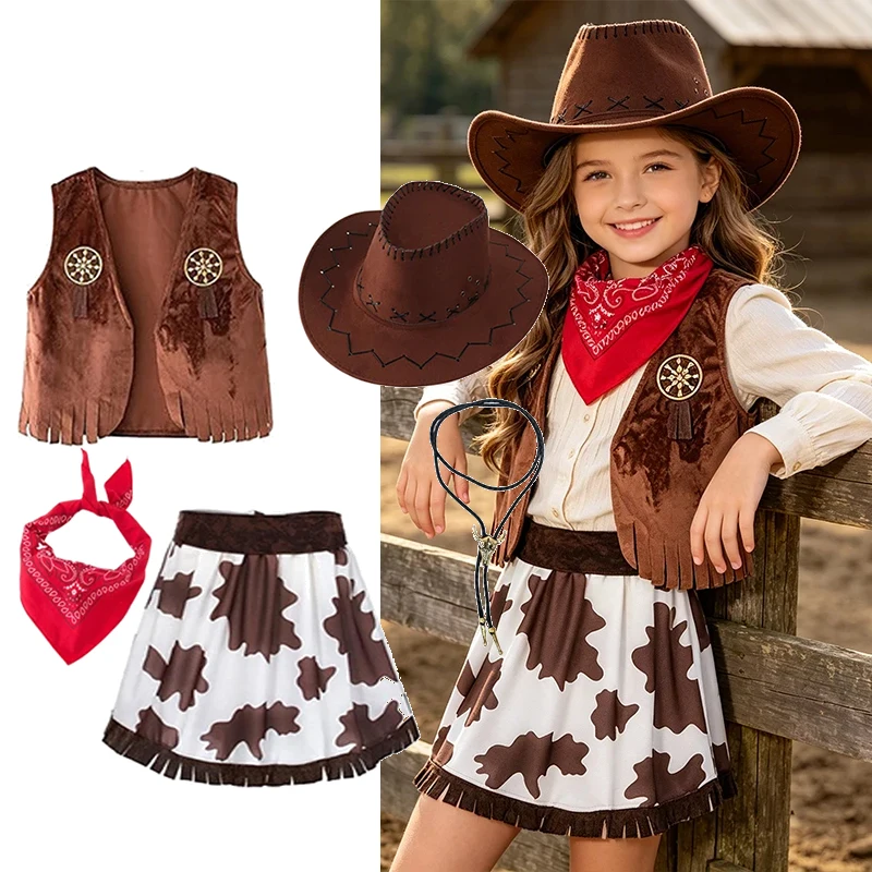 Image of Kinder Mädchen Western Cowgirl Komplettes Kostüm-Set Wild-West-Outfit für Halloween Cosplay Geburtstag Karneval Bühnenparty