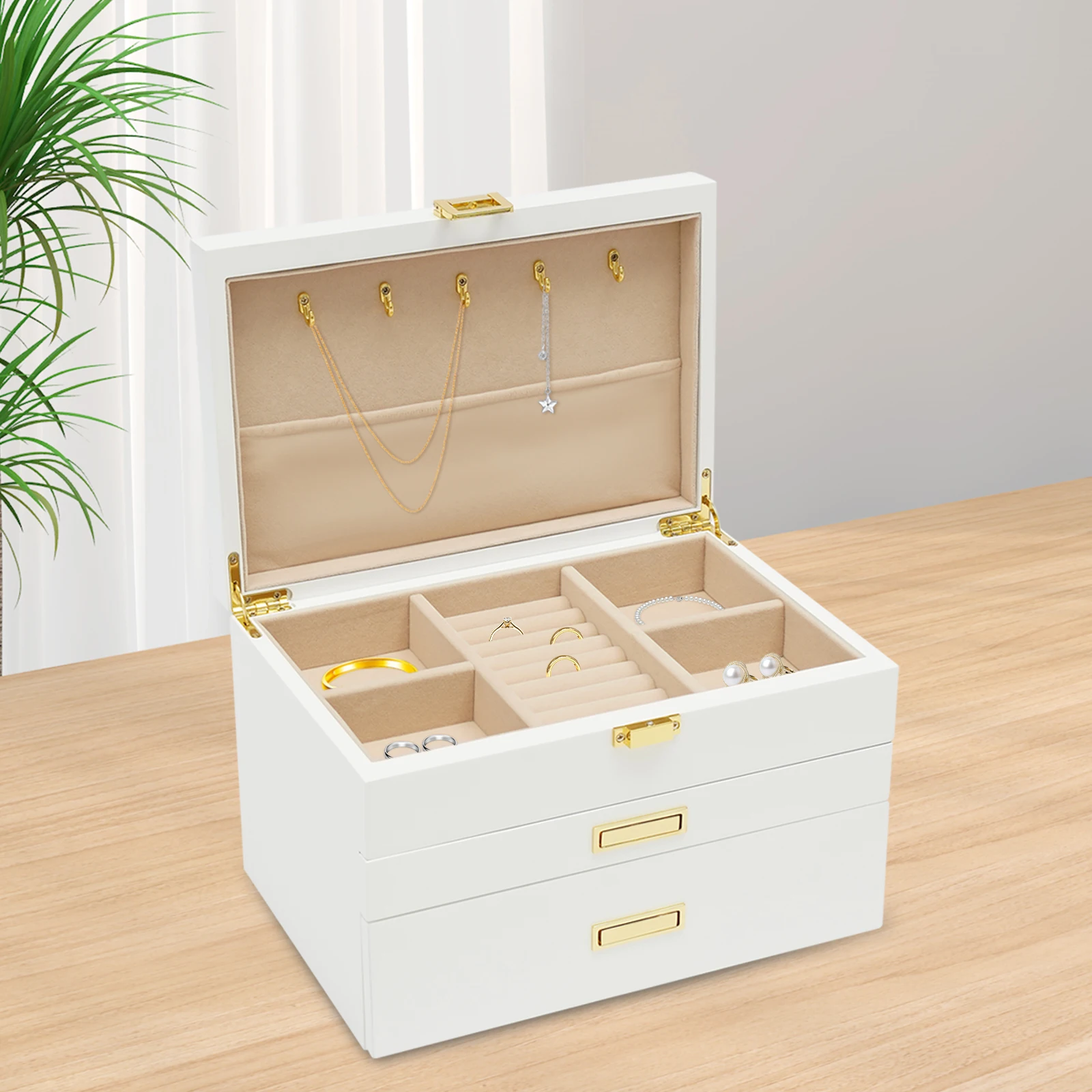 

3-Layer White Jewelry Box Large Capacity Jewelry Organizer with Plush Lining Storage for Earrings Rings Necklaces Watches