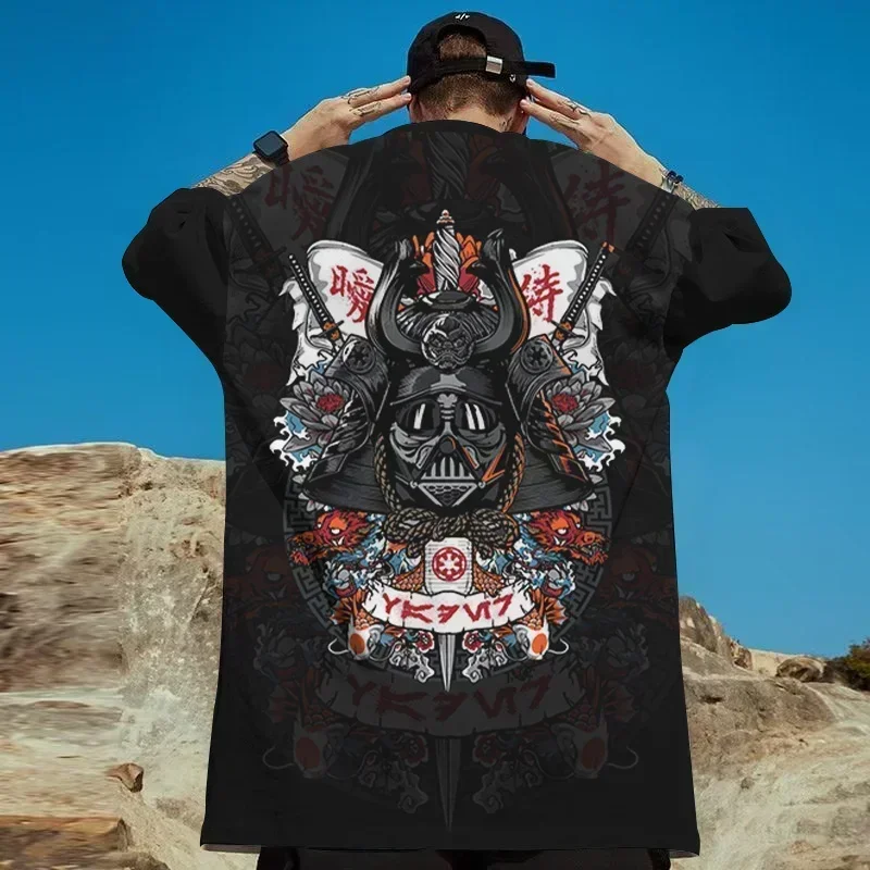 2024 Hot Japanese Ghost Warrior Print Men\'s T-Shirt Hip Hop Oversized T-Shirt Men\'s Clothing Retro Street Top