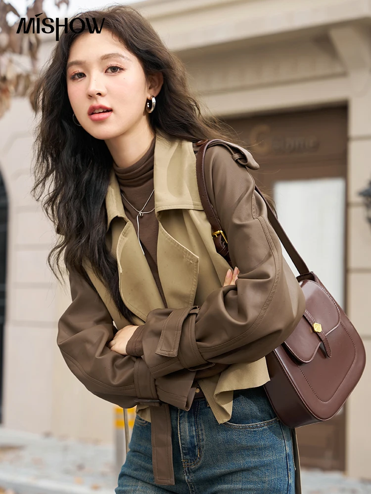 MISHOW Patchwork Leather Trench Coat Spring Autumn Single Breasted Belted Short Coat Streetwear Retro Outerwear MXC48W0157