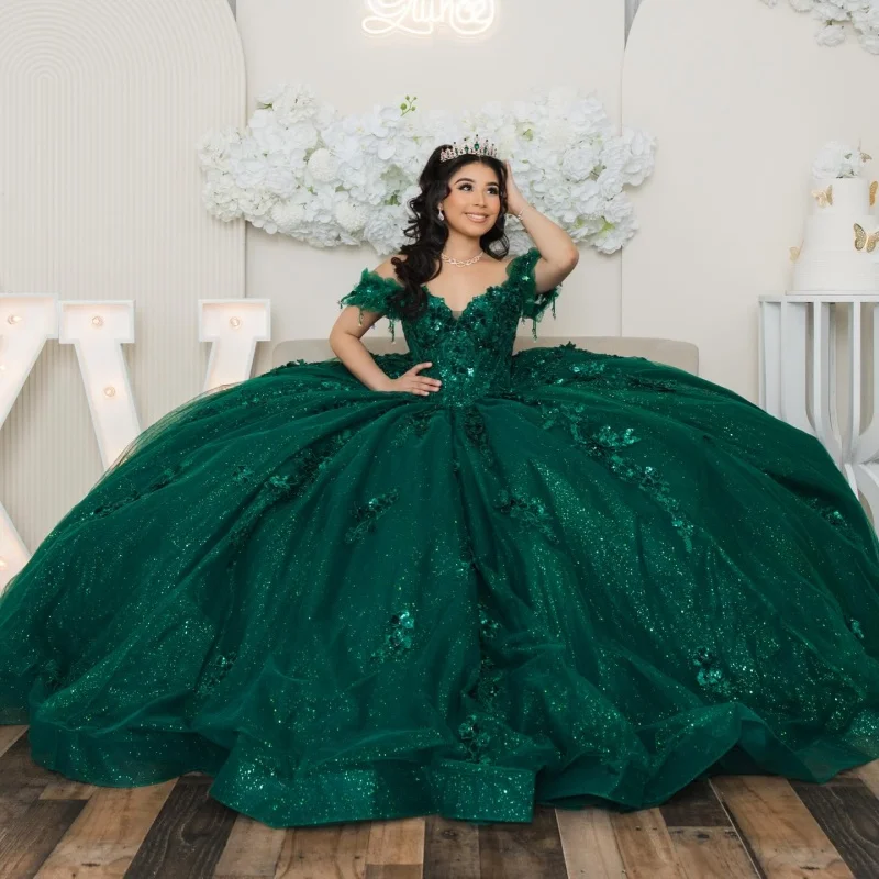 

Shiny Dark Green Quinceanera Dress off-shoulder Crystal 3D Flower Decal Long tail Bow vestidos de 15 Quinceanera ﻿Customize