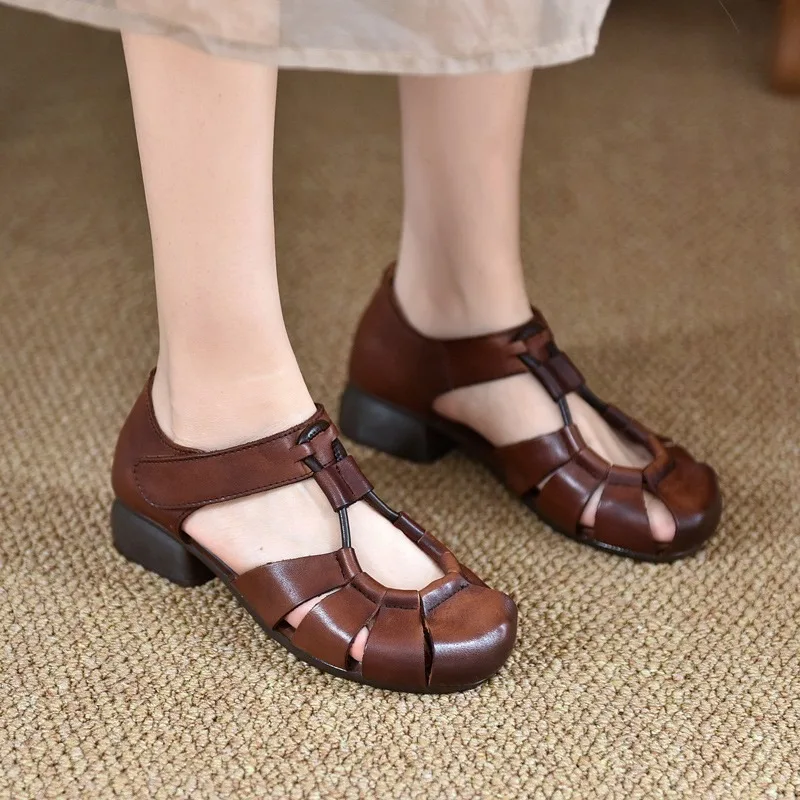 Retro Mid Heel Leather Sandals for Women 2024 New Round Toe Bag Heel Women's Sandals Daily Casual Walking Shoes Female Summer